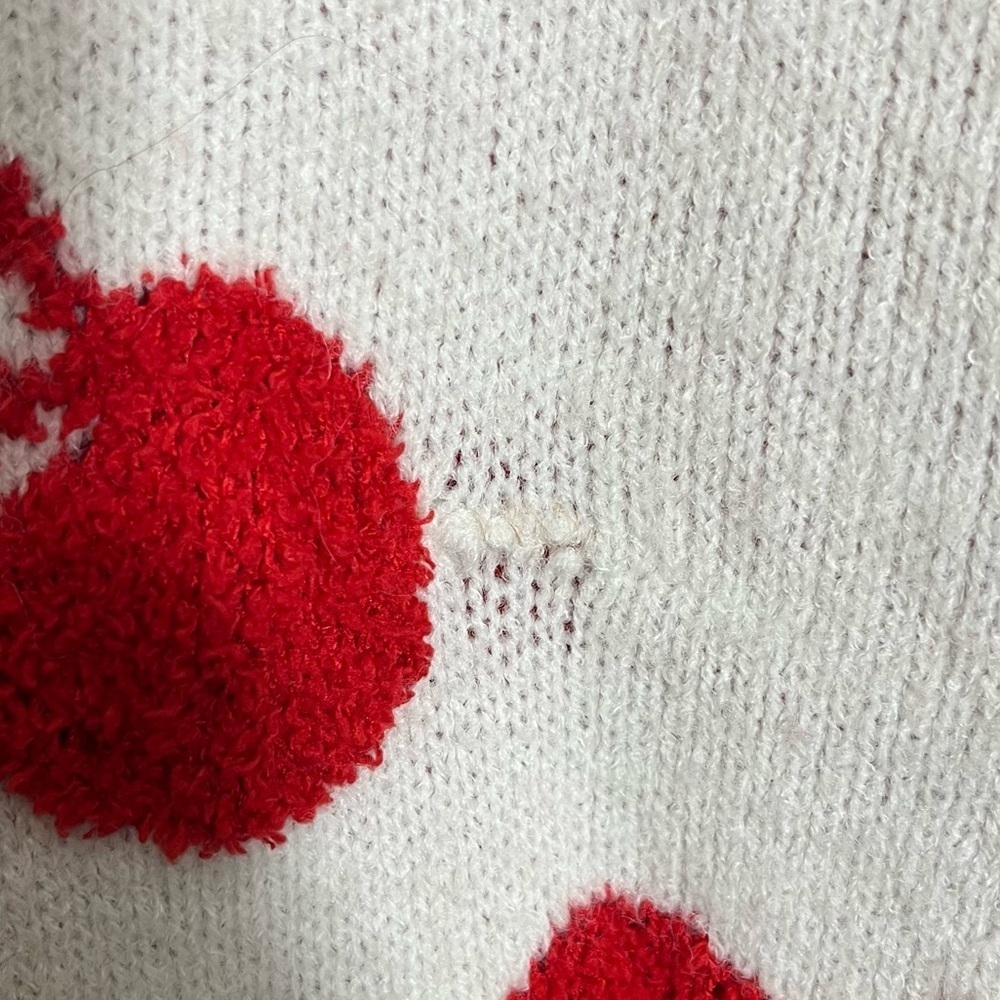 ALTAR’D STATE Cherry Print White V-Neck Distressed Sherpa Sweater | size small - Picture 6 of 10